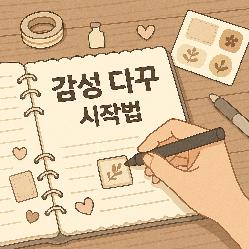 감성 다꾸를 처음 시작하는 사람의 손이 다이어리를 꾸미고 있는 장면