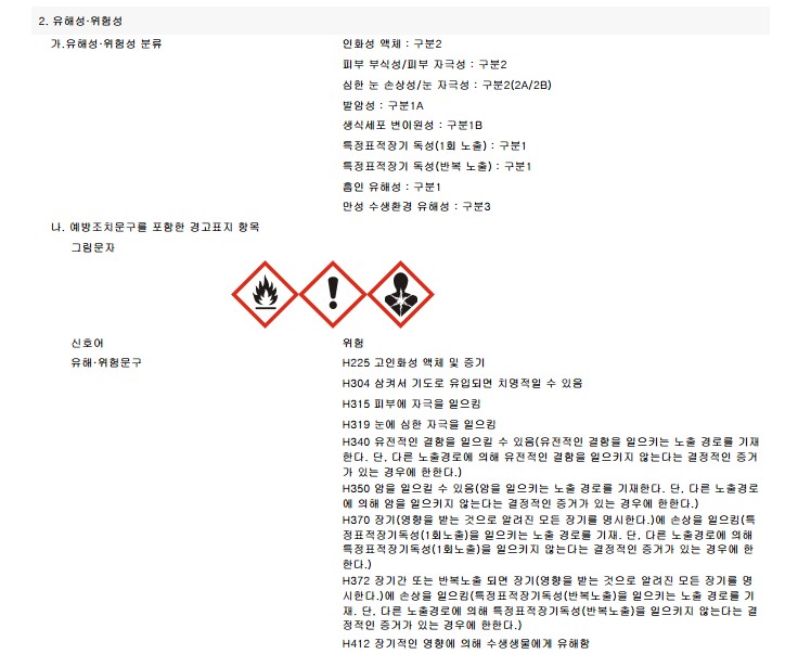 MSDS 구성정보 2. 유해성, 위험성