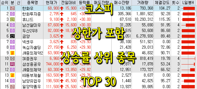 코스피/코스닥 상한가 포함 상승률 상위 종목 TOP 30 (0617)
