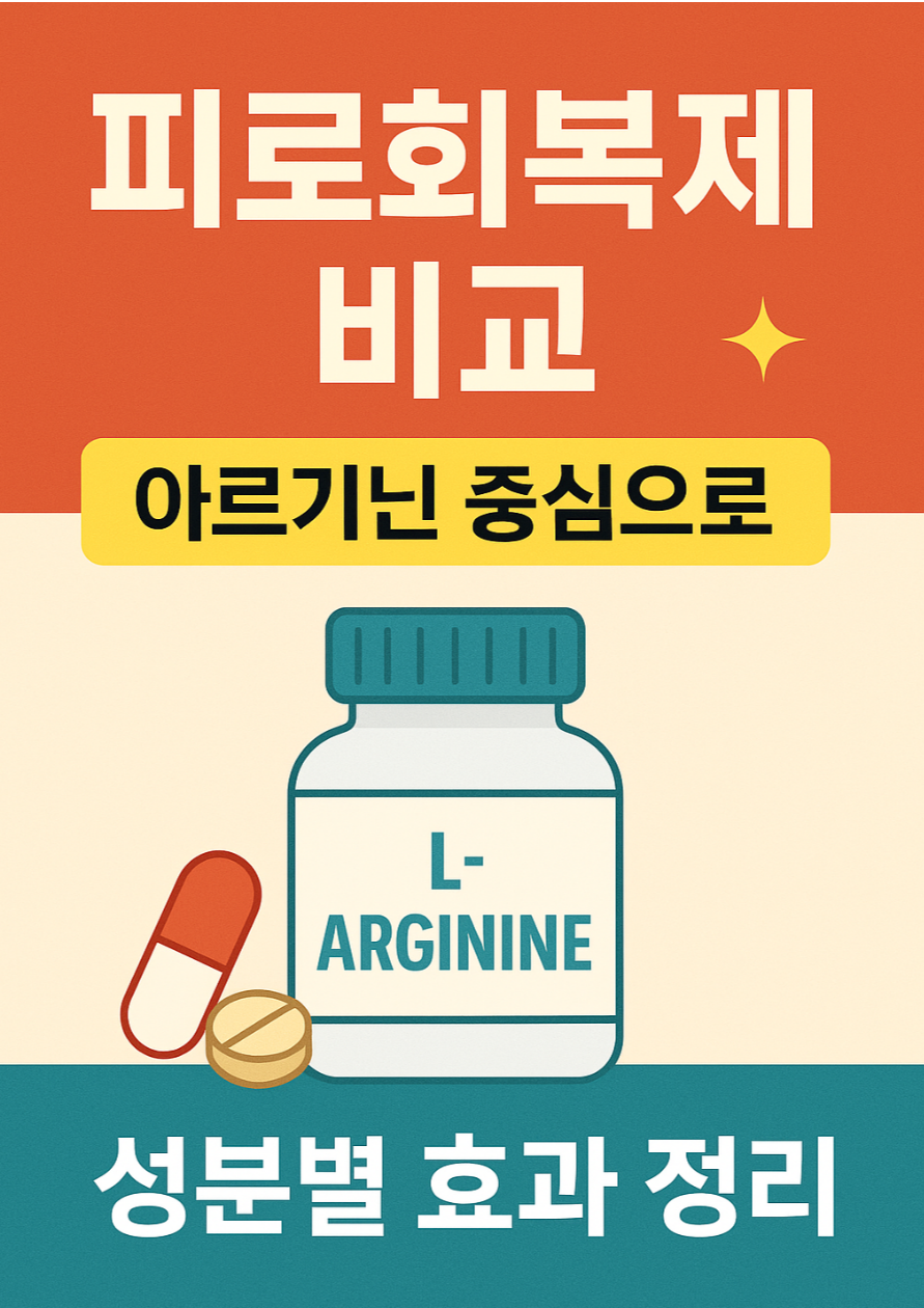 &quot;피로회복제 비교 썸네일 이미지: 아르기닌 중심으로 성분별 효과를 정리한 한국어 정보 카드&quot;