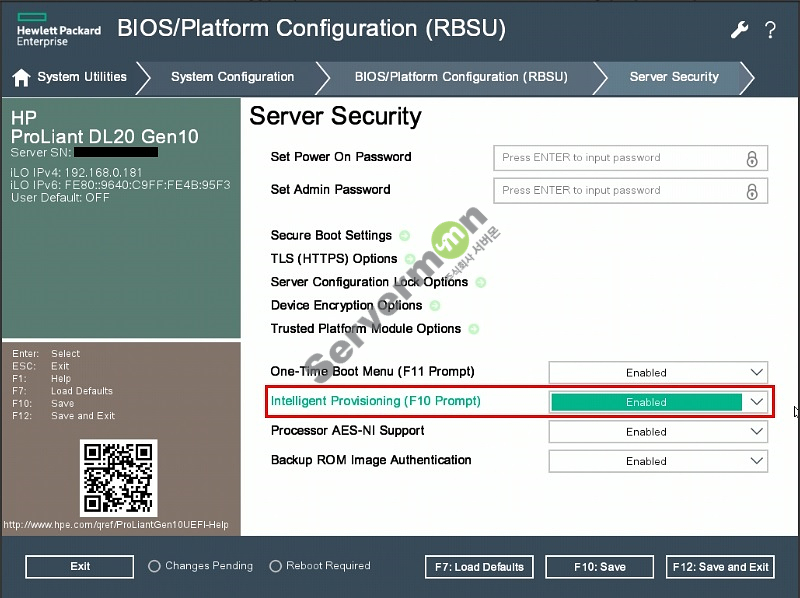 기술자료실-[HPE] HP Gen10 Intelligent Provisioning 활성화 방법(BIOS 변경)