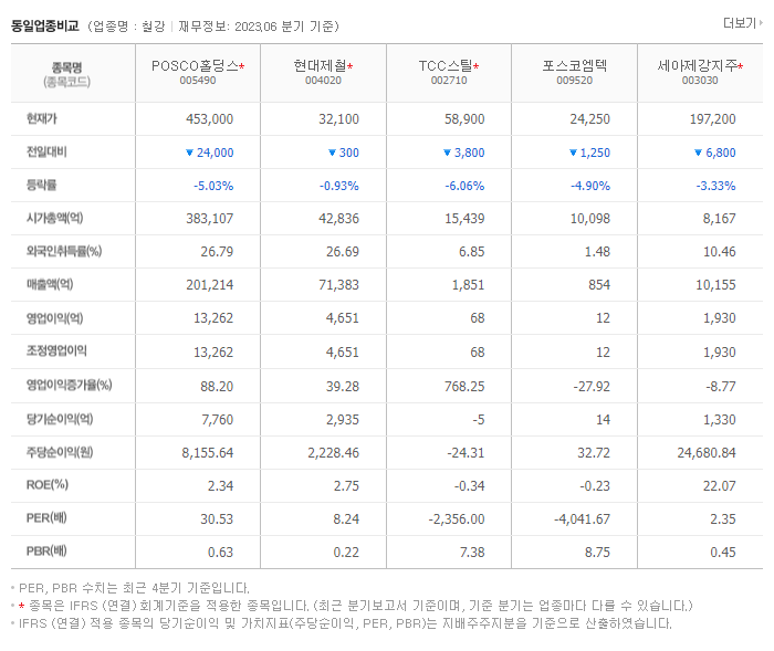 POSCO 홀딩스 동일 업종 비교