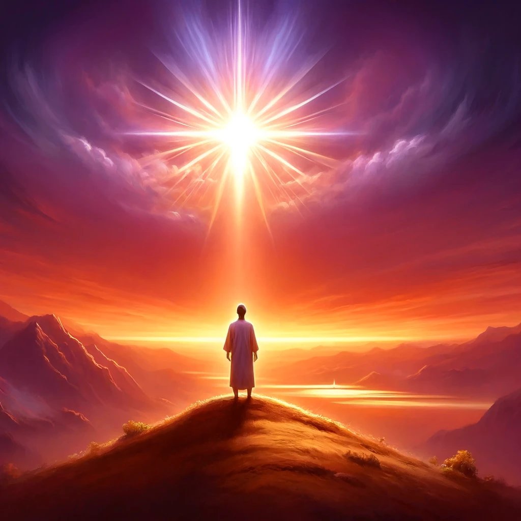 Here is a symbolic painting that reflects the importance of seeking spiritual enlightenment or divine vision before it&amp;#39;s too late. The scene features a serene landscape at sunset with a figure gazing upwards towards a radiant&amp;#44; divine light.