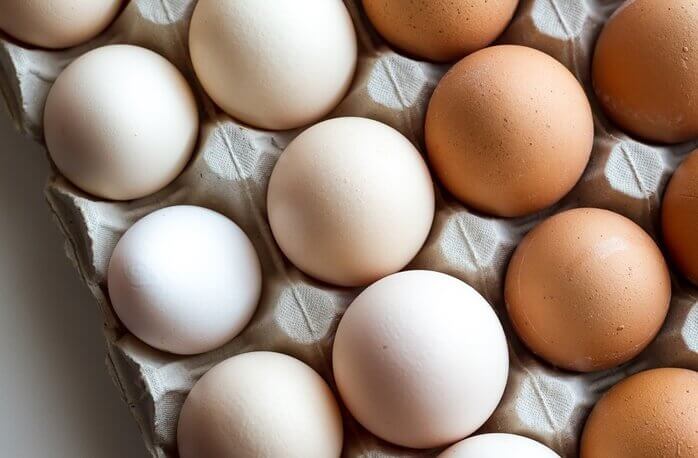 종이로 된 계란판 위에 하얀색과 황색 두종류 색의 계란이 꼽혀있는 모습