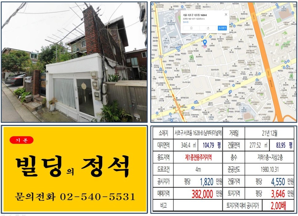  [서초구 경부고속도로 지하화 30억 꼬마빌딩 실거래가 조회] 서초동 1628-8 (남부터미널역) 38억 2,000만 원, 평당 3,646만 원 매매되었습니다.