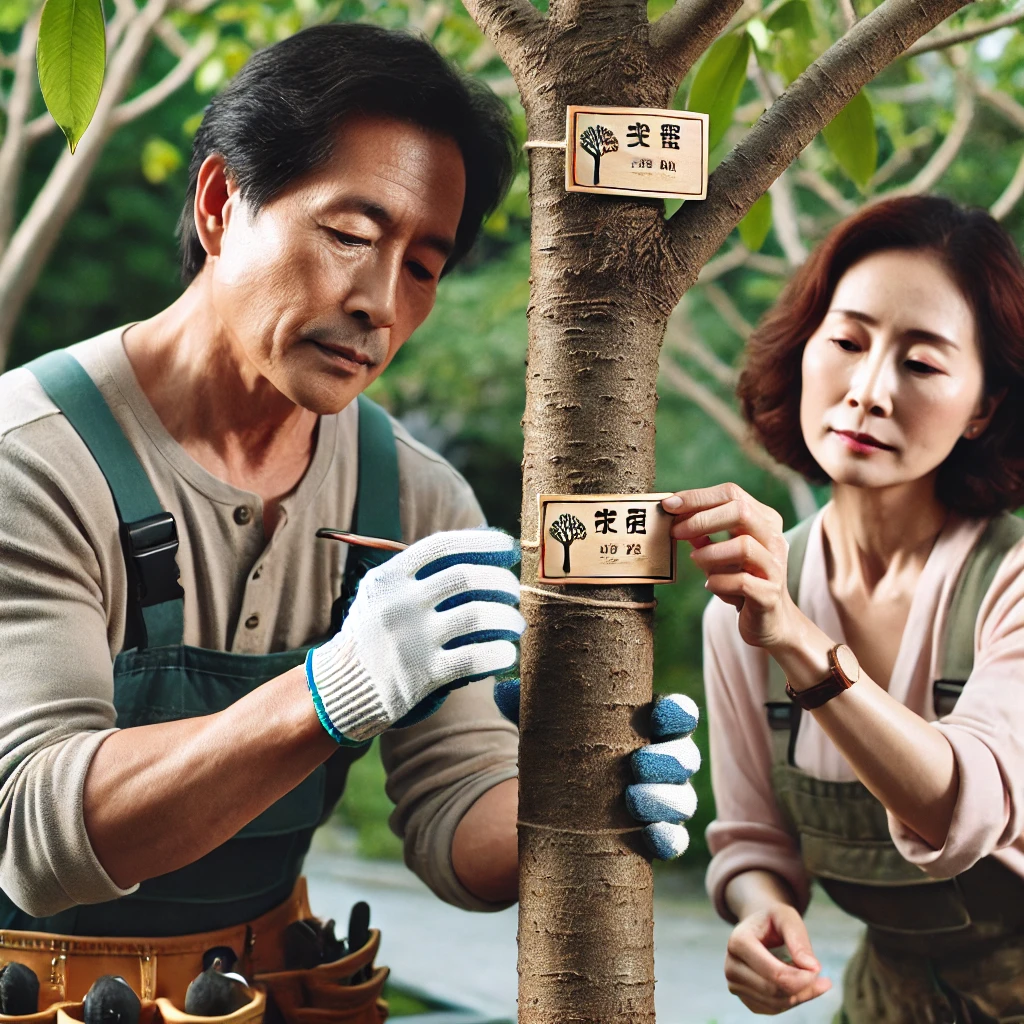 나무 표찰을 붙이며 수목 관리 작업 중인 중장년 부부