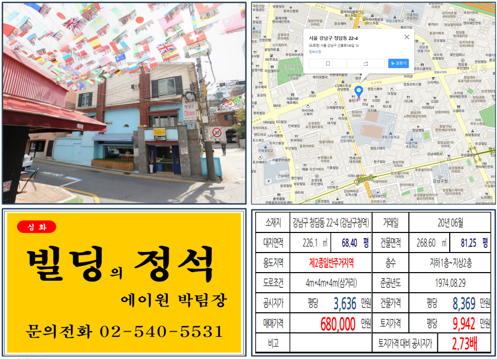  [강남구 도산대로 학동사거리 이면 신축부지 실거래가 조회] 청담동 22-4 (강남구청역) 68억 원, 평당 9,942만 원, 청담동 학동사거리 신축부지 60억 꼬마빌딩