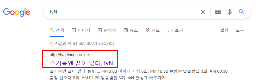 구글 tvN 검색 결과 화면
