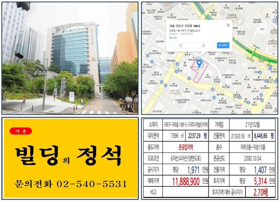  [구로구 1,000억 오피스빌딩 실거래가 조회] 구로동 188-5 (구로디지털단지역) 1,188억 8,900만 원, 평당 5,314만 원 매매되었습니다.