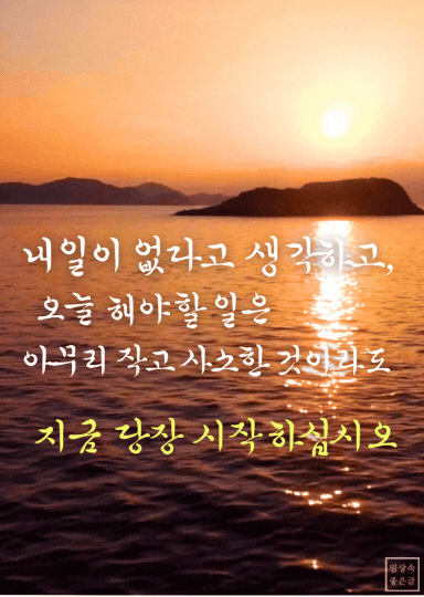 석양이 비추는 평화로운 바다와 오늘을 소중히 여기자는 메시지