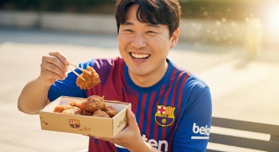 FC바르셀로나 유니폼을 입은 남자가 비비큐 이벤트 치킨을 시켜먹고 있는 장면
