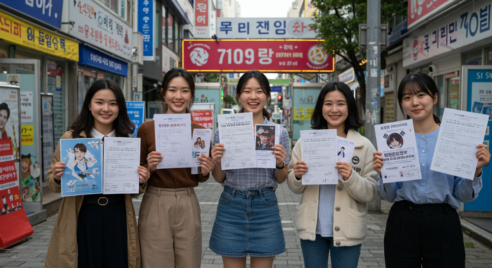 2025년 제21대 대통령선거에서 투표인증종이를 들고 즐겁게 투표에 참여하는 MZ세대들의 모습. 각자 좋아하는 캐릭터와 팬덤을 나타내는 개성 있는 인증종이를 들고 있는 모습에서 새로운 투표 문화의 활기찬 분위기를 느낄 수 있다.