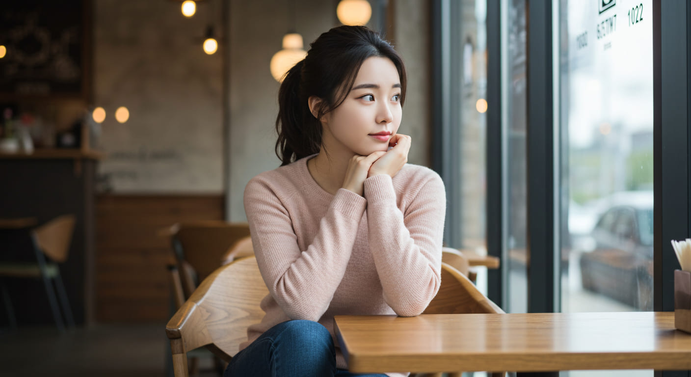 귀여운 한국 여성이 아늑한 카페에서 미래를 고민하는 모습