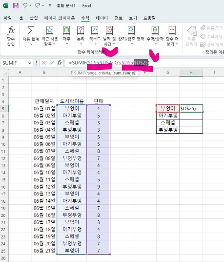 Sumif 함수 실제 사용 방법