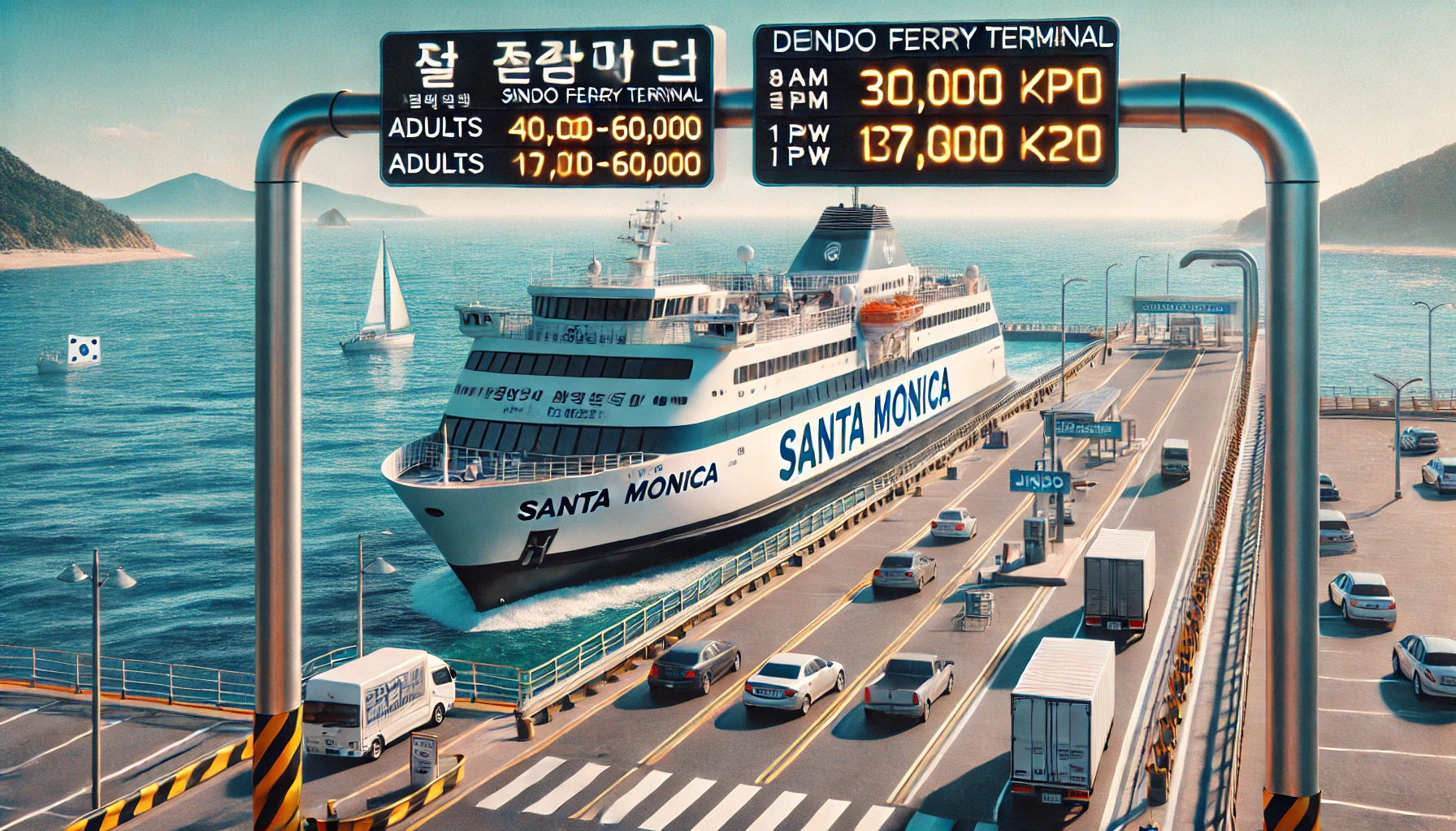 진도항에서 제주도로 출항하는 산타모니카호 여객선과 운항 정보.