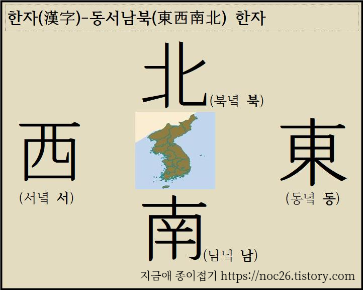 대한민국 지도를 중앙에 놓고 우측은 동 좌측은 서 아래쪽은 남 위쪽은 북의 한자를 적은 글자표를 만들어 보았습니다.