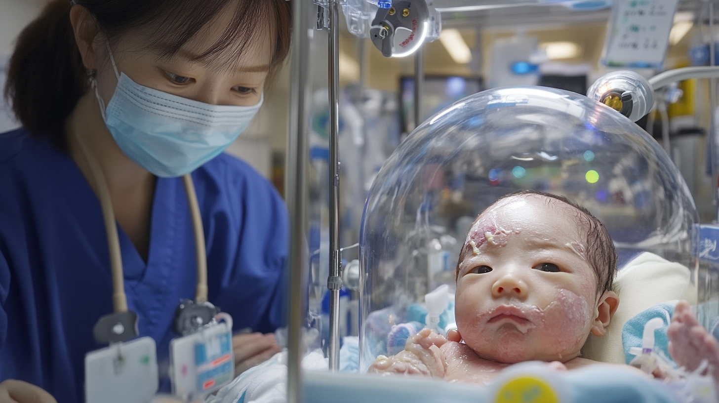 병원의 신생아 집중 치료실에서 치료를 받는 콜로디온 베이비, 두꺼운 막으로 덮인 피부와 주변의 의료 장비들
