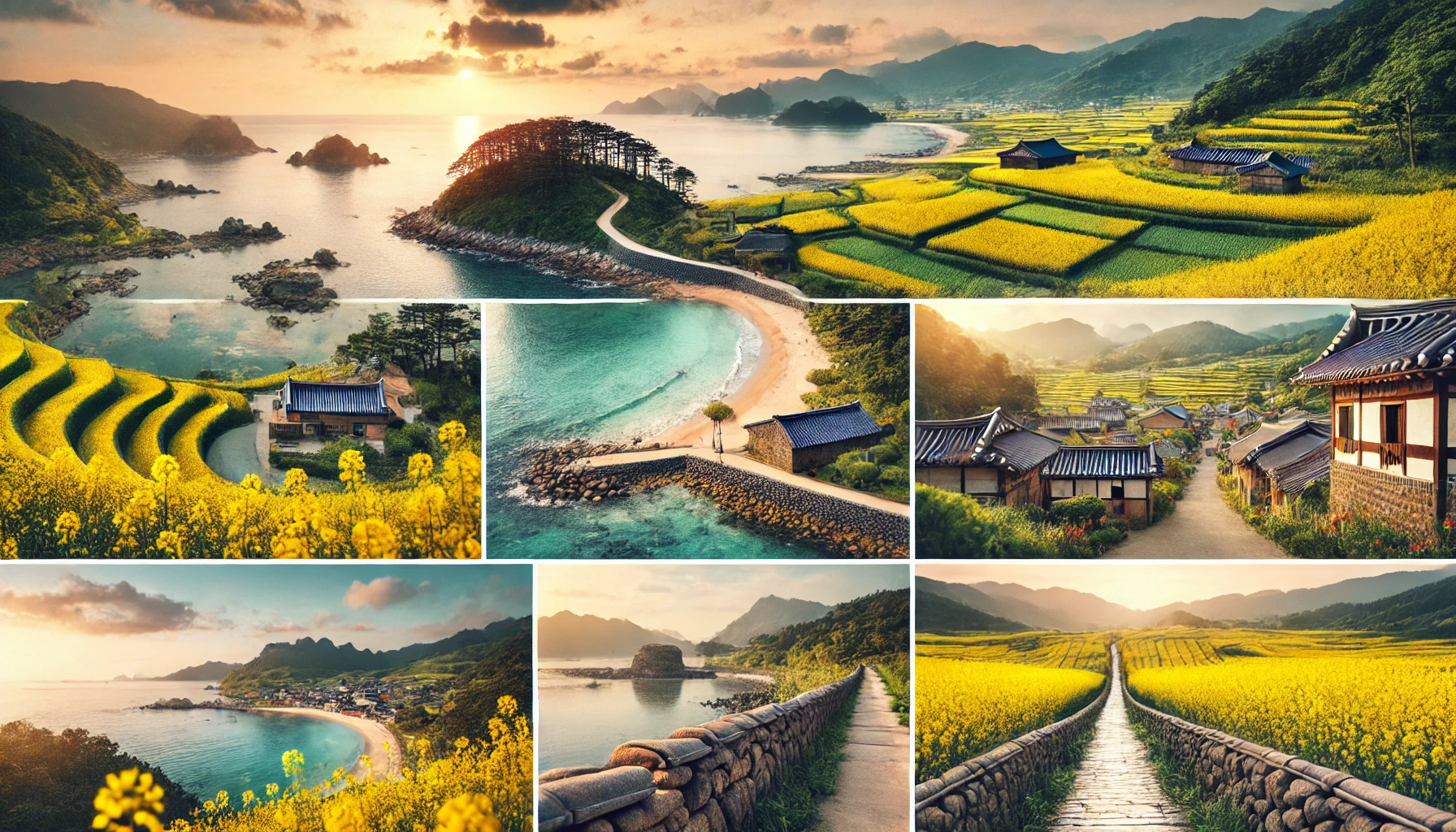 청산도의 대표 관광 명소. 범바위길의 해안 절경, 도락리 돌담길의 전통적인 돌담, 서편제 촬영지의 고즈넉한 분위기, 그리고 유채꽃이 만개한 슬로길의 산책로가 어우러진 풍경.