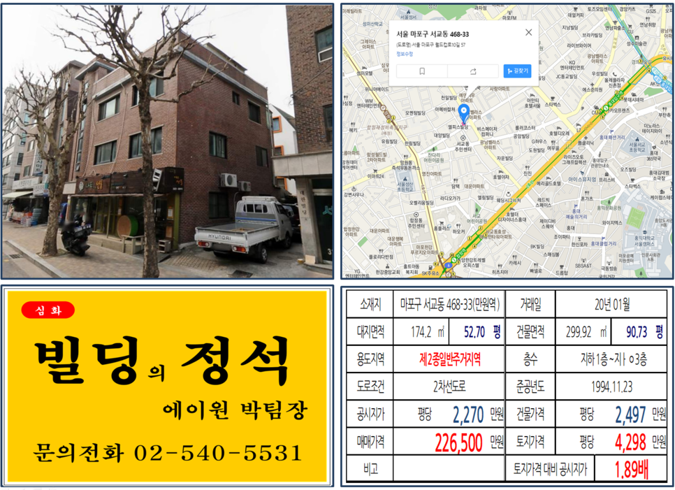  [마포구 2차선 대로변 20억 꼬마빌딩 실거래가 조회] 서교동 468-33 (망원역) 22.65억 원, 평당 4,298만 원, 서교동 급매빌딩
