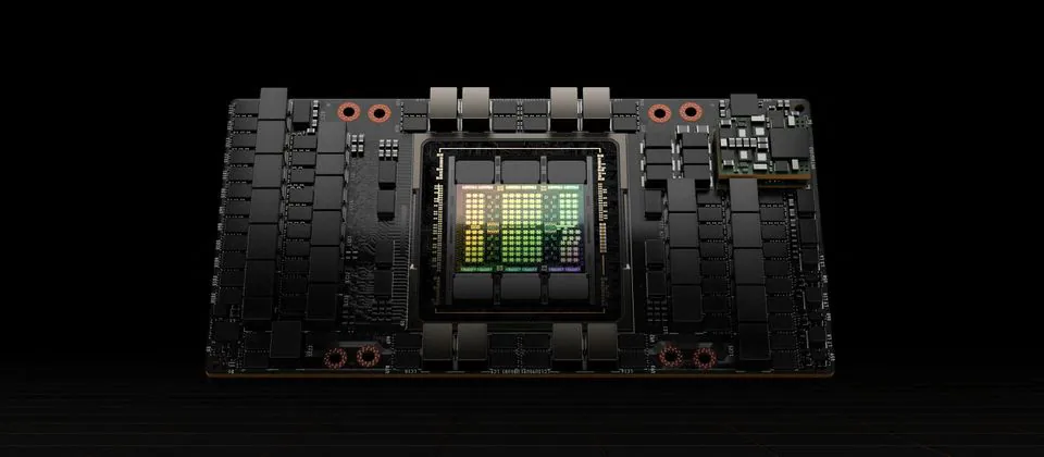 텍스트&#44; 컴퓨터 코드&#44; 이미지&#44; 비디오 또는 오디오를 생성하는 데 사용되는 대규모 인공 지능 모델을 처리하도록 최적화된 Nvidia의 최신 GPU인 H100이 이 사진에 나와 있습니다.