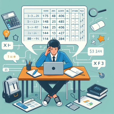 데이터와 숫자가 가득한 책상에서 작업 중인 남자 학생.