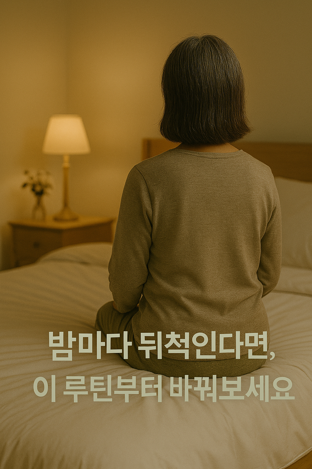 조명 아래 책을 덮고 눈을 감는 중년 여성의 뒷모습