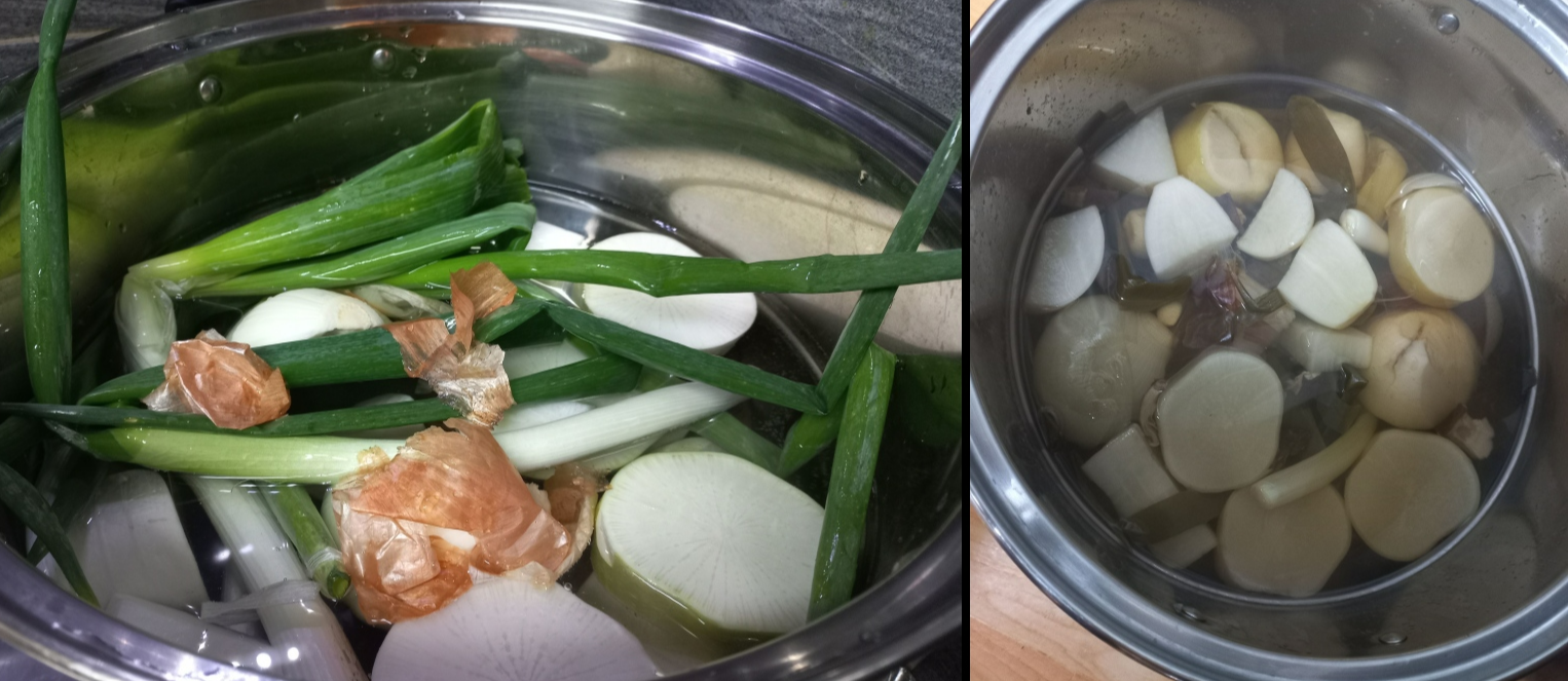 찜통에 대파 무 양파 건표고를 넣고(좌), 1시간동안 끓인(우) 사진
