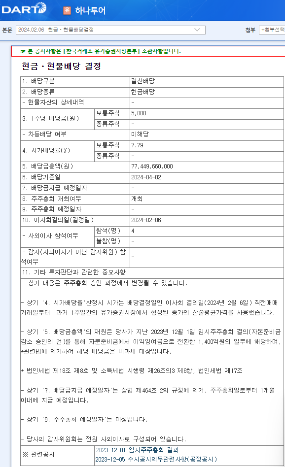 2024년 하나투어 039130 배당 비과세 공시