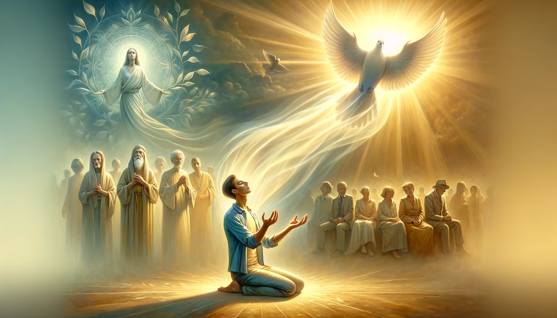 주님의 음성을 듣고 평안하며 성령을 받아 타인의 죄를 용서함 DALL-E - Here is the image depicting the scene of listening to the voice of the Lord&amp;#44; receiving the Holy Spirit&amp;#44; and embodying peace and forgiveness towards others. It aims to capture the tranquility and spiritual enlightenment associated with these actions.