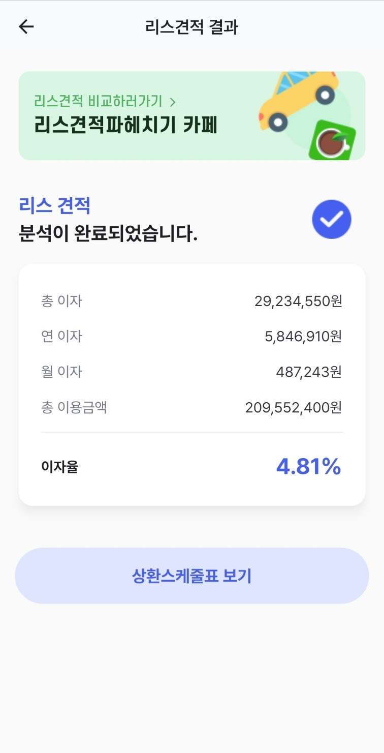 파나메라 중고차리스 견적서 금리이자 계산결과