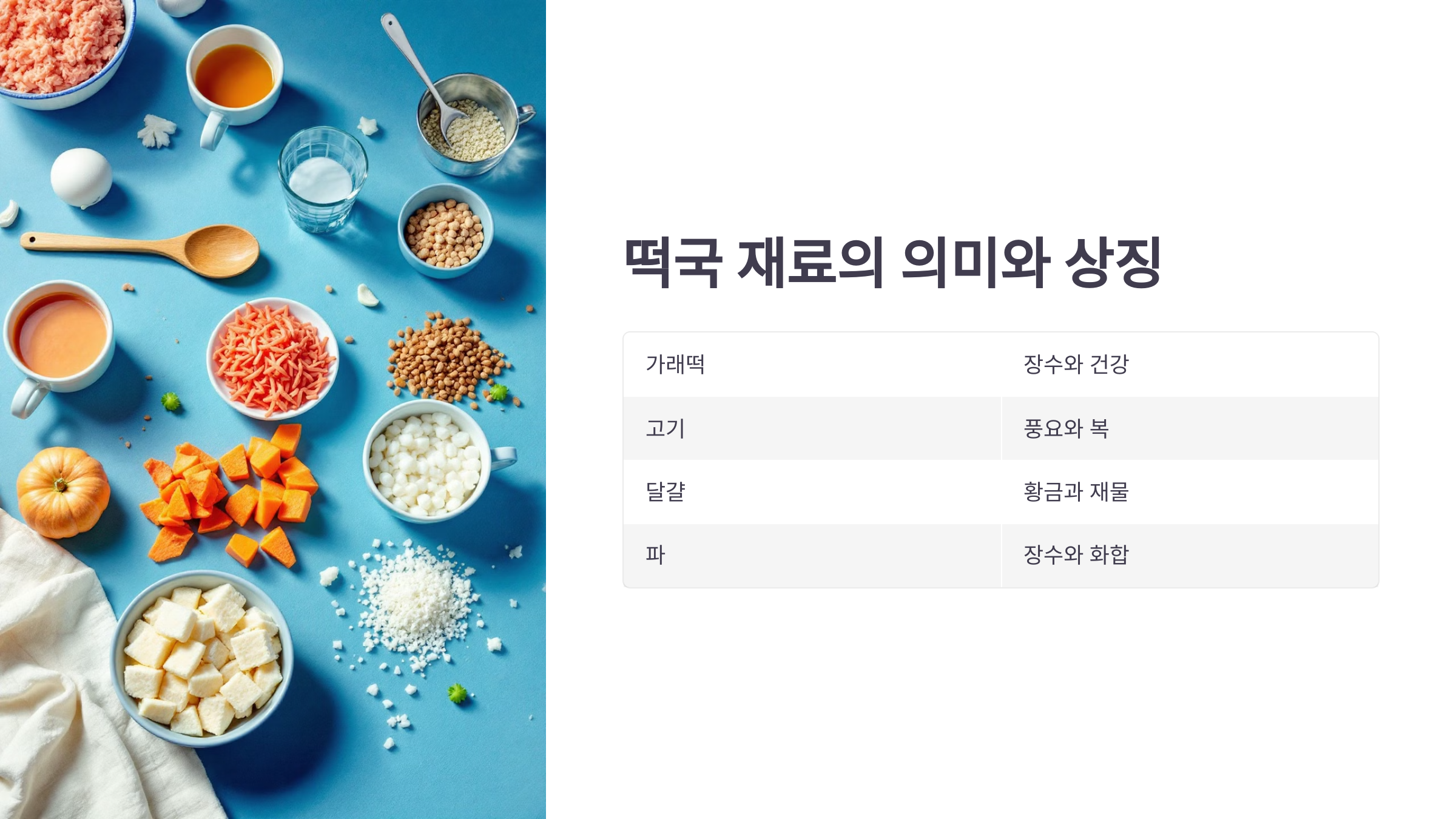 떡국 재료의 의미와 상징을 설명한 PPT 이미지