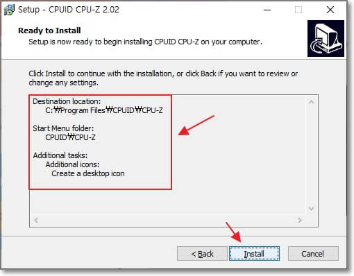 설치 준비 상태를 확인하는 위치와 아래쪽에 "Install" 버튼의 위치를 표시한 사진입니다.