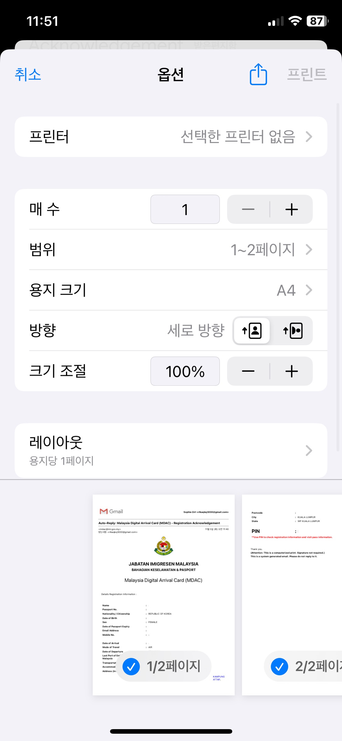 이메일로 입국카드 인쇄하기