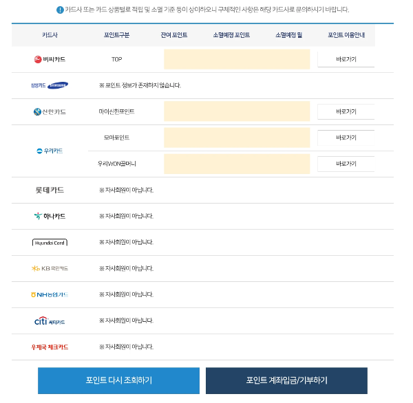 여신금융협회 카드포인트 통합조회 계좌입금 방법