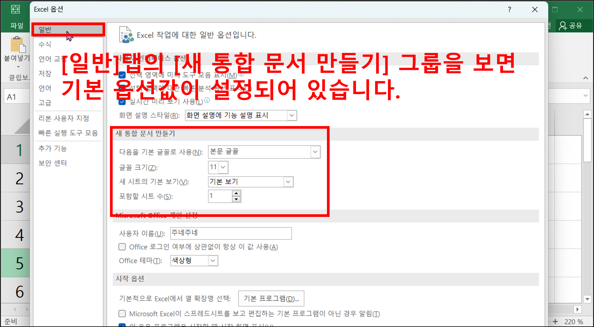 엑셀 새 통합문서 만들기 옵션 설정하기-3