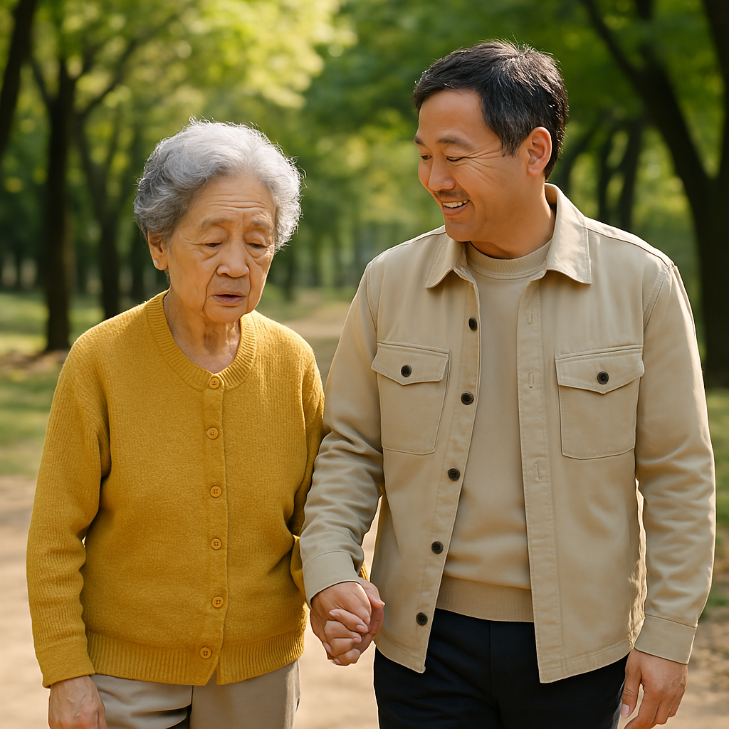 손을 맞잡고 산책하는 중년 자녀와 부모님의 모습