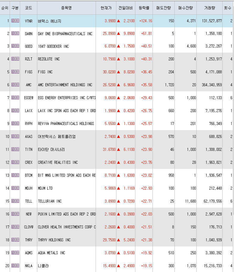  5월27일 미국주식 상승률 상위 종목 TOP 300