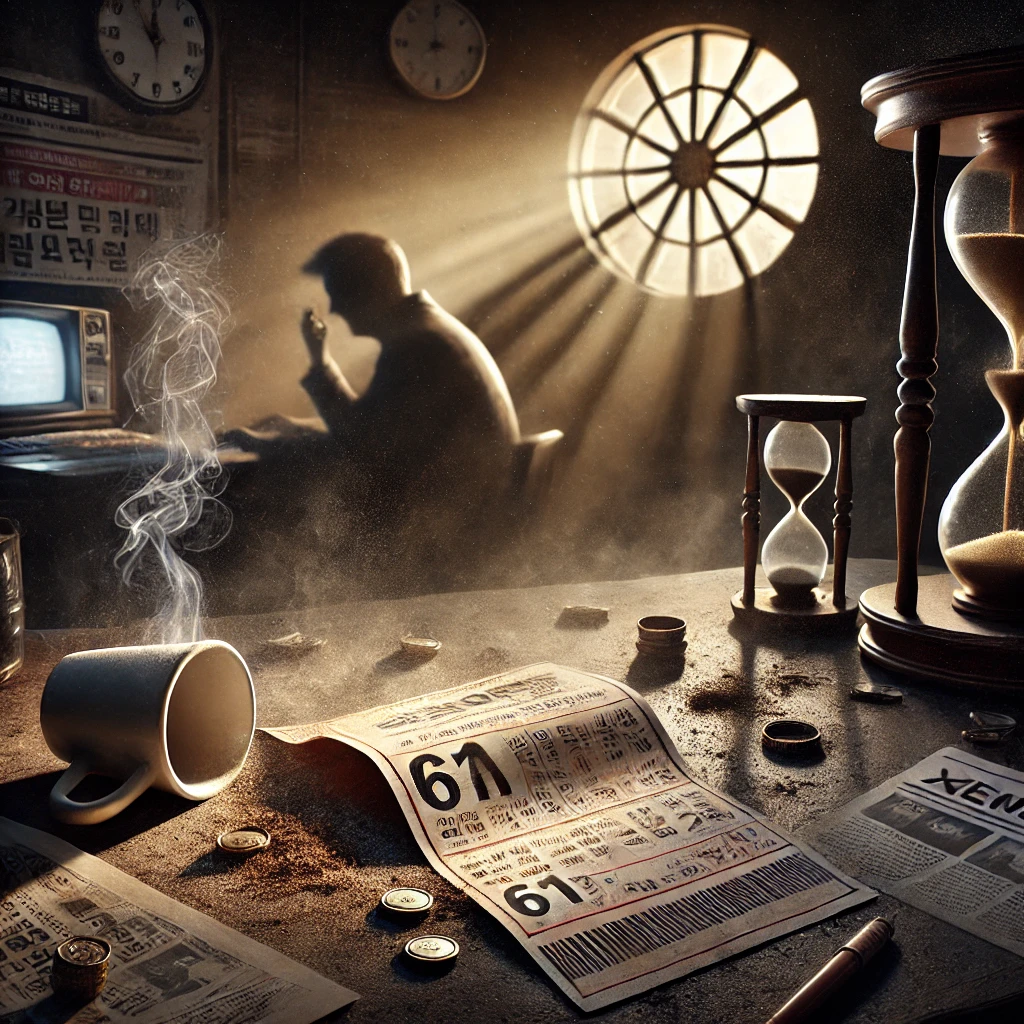 &quot;A dramatic and intriguing scene illustrating the mystery of an unclaimed 61 billion KRW (Korean Won) lottery prize. The image features a lottery ticket lying forgotten on a cluttered desk, surrounded by dust and coffee stains, emphasizing neglect. A shadowy figure in the background represents the unknown winner who never claimed their fortune. The atmosphere is dimly lit with a soft golden glow, hinting at lost riches. Additional details include a digital clock showing the deadline has passed and a news headline about the unclaimed prize on a newspaper.&quot;