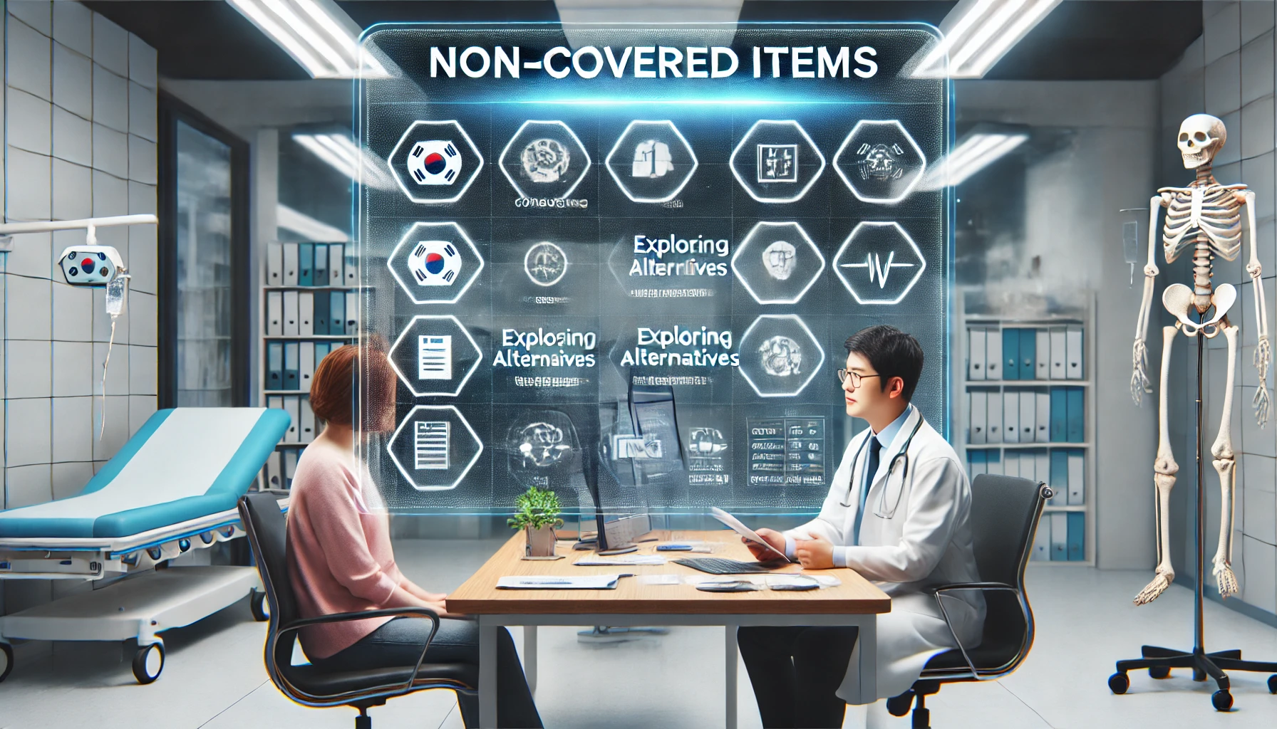 병원 상담실에서 환자가 의사와 비급여 항목에 대해 논의하는 모습, 비급여 항목 관리와 선택 가이드를 설명하는 차트 포함
