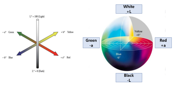 색차계 Lab 시스템을 설명하는 그림