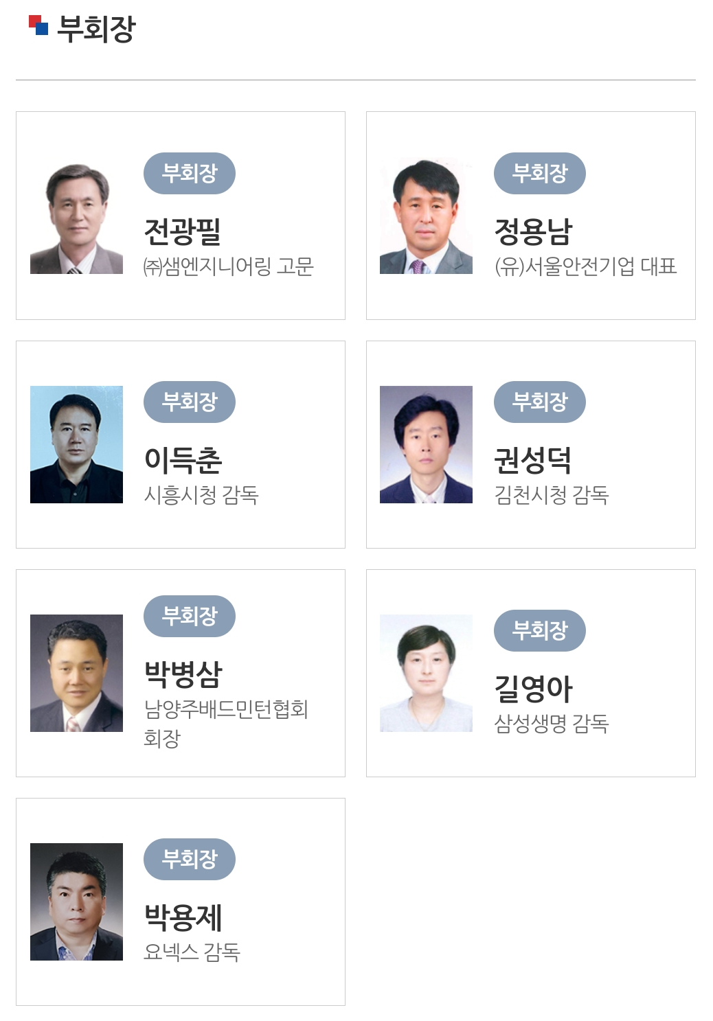 부회장
부회장
전광필
(주)샘엔지니어링 고문
부회장
정용남
(유)서울안전기업 대표
부회장
이득춘
시흥시청 감독
부회장
권성덕
김천시청 감독
부회장
박병삼
부회장
길영아
남양주배드민턴협회
삼성생명 감독
회장
부회장
박용제
요넥스 감독