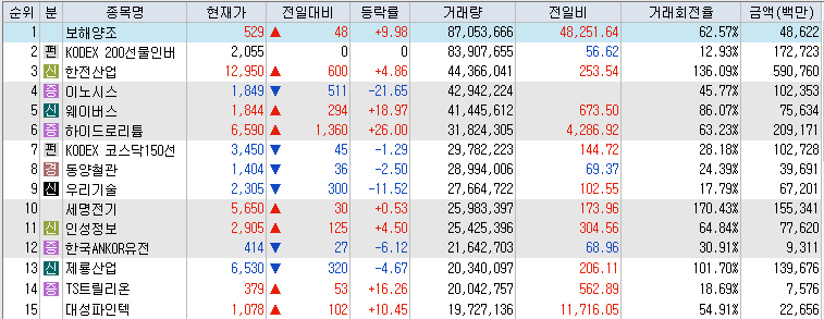 6월 11일 거래량 상위종목