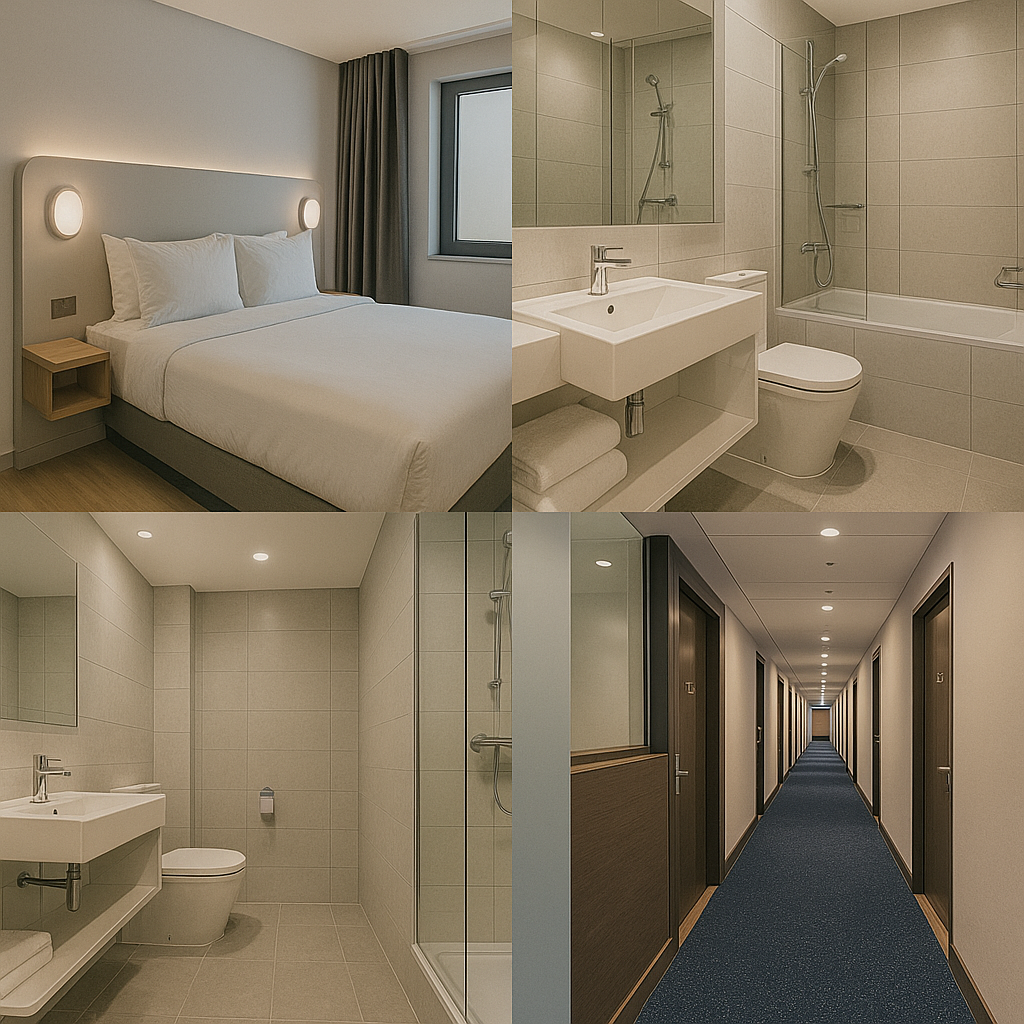 YOTELAIR Istanbul Airport 객실 침대+ 욕실+복도