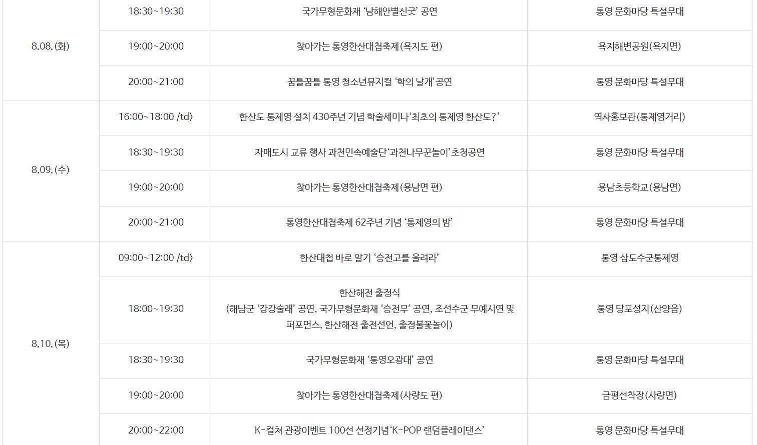 2023 통영한산대첩축제 행사 프로그램 일정 주차장 식당 숙소