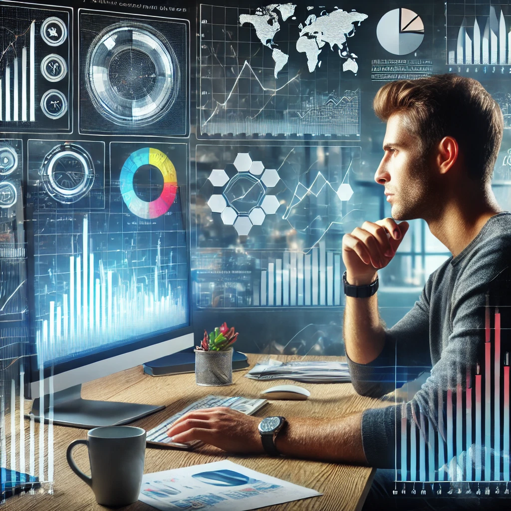 A man sitting in front of a computer, focused on creating an investment plan. In the background, there are financial graphs and investment products di