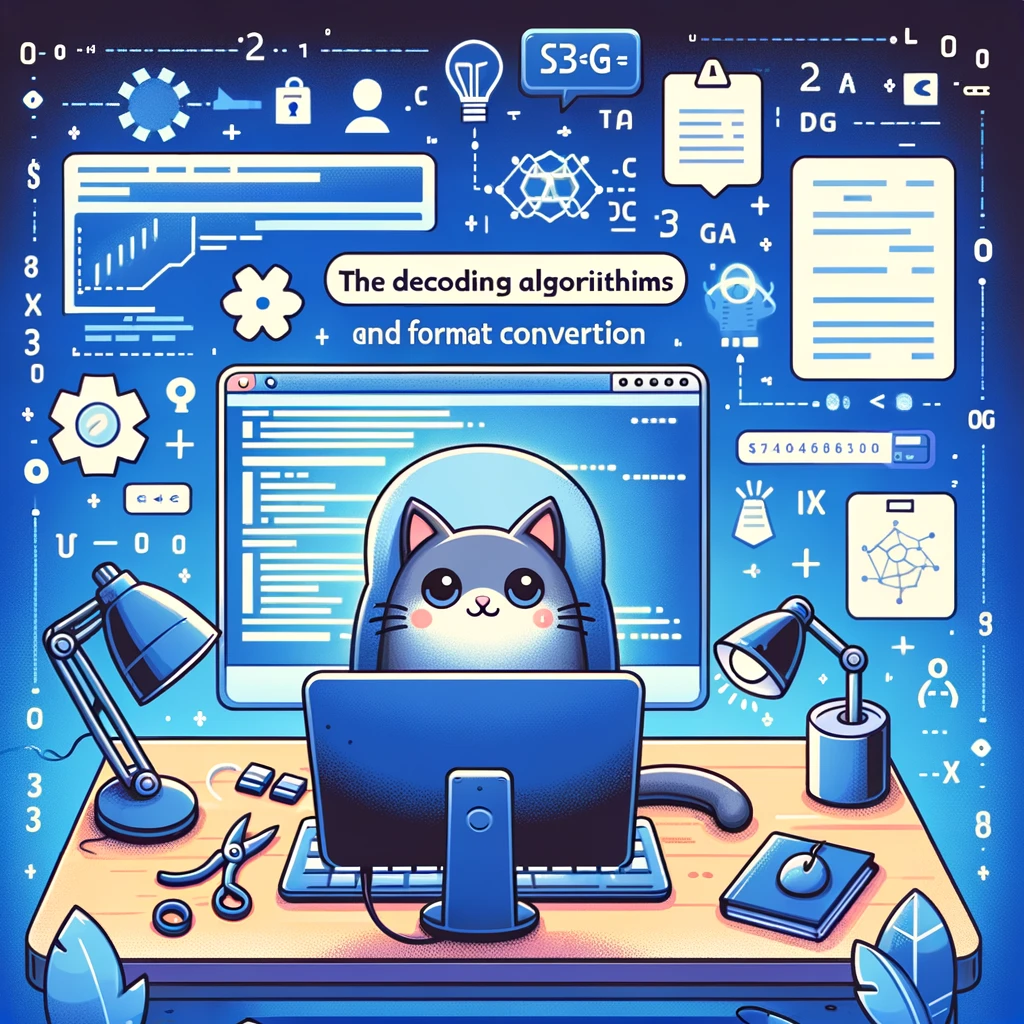 귀여운 고양이가 컴퓨터 앞에서 열심히 일하는 모습, 배경은 데이터와 알고리즘을 상징하는 그래픽