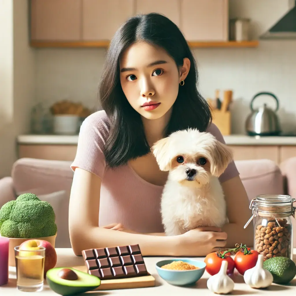 위험한 음식을 앞에 두고 강아지를 걱정스럽게 안고 있는 동양인 여성