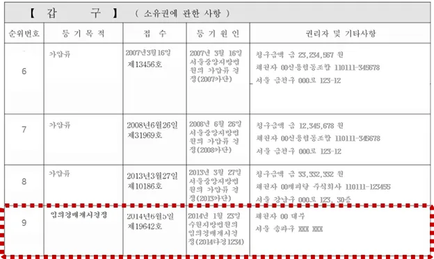 경매개시결정 등기 사례