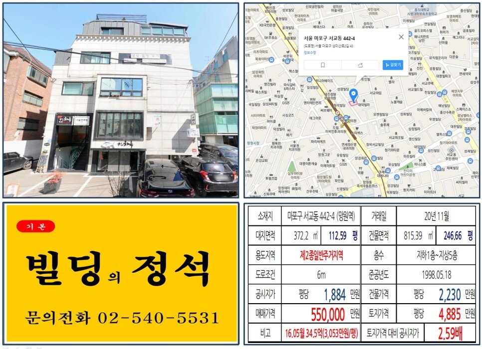  [마포구 망리단길 50억 꼬마빌딩 실거래가 조회] 서교동 442-4 (망원역) 55억 원, 평당 4,885만 원 매매되었습니다. 상암DMC 롯데몰 복합개발, 성산시영아파트 재건축