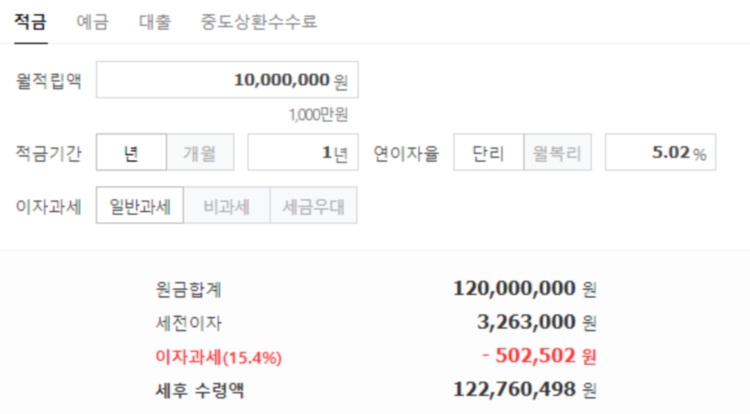 농협 12개월 금리 5.02% 이자 계산